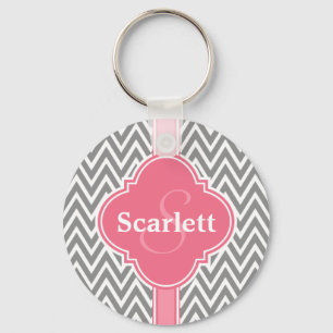 Pink White Gray Chevron Pattern and Monogram Schlüsselanhänger