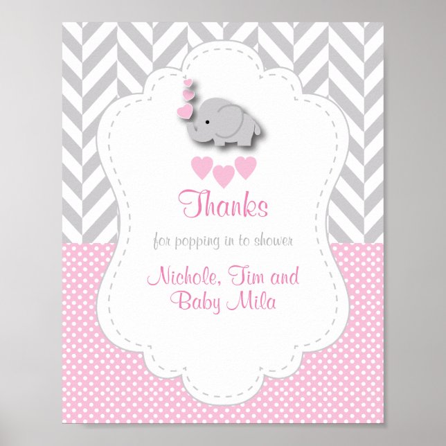 Pink, White Gray Elephant Baby Dusche Danke Poster (Vorne)