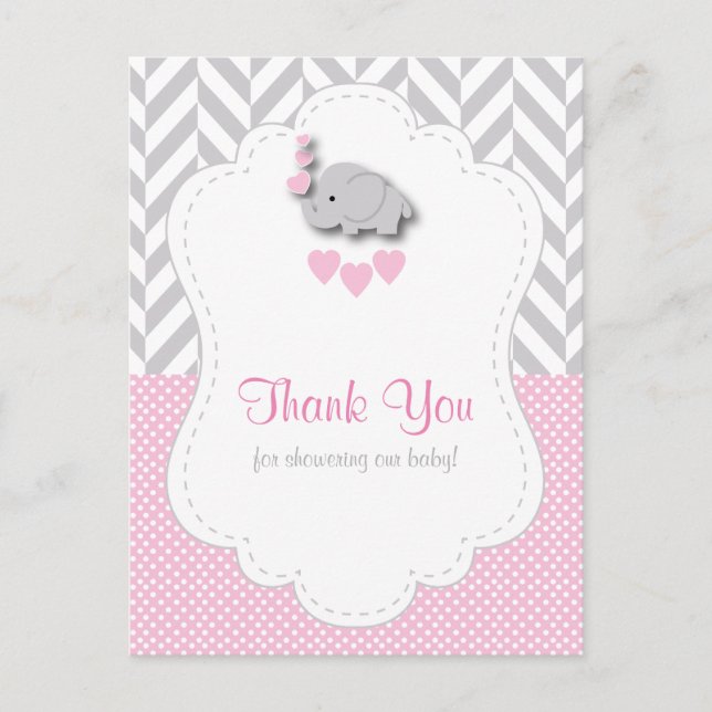 Pink, White Gray Elephant Baby Dusche Danke Postkarte (Vorderseite)
