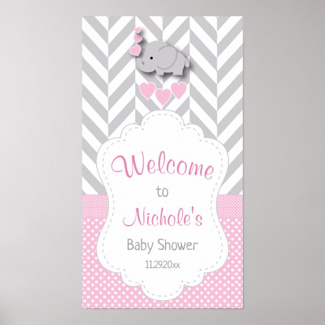 Pink, White & Gray Elephant Baby Dusche Empfang Poster (Vorne)