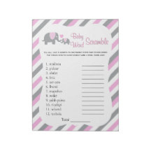 Pink, White & Gray Elephant Baby Shower Word Game