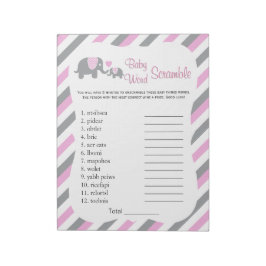 Pink, White & Gray Elephant Baby Shower Word Game Notizblock