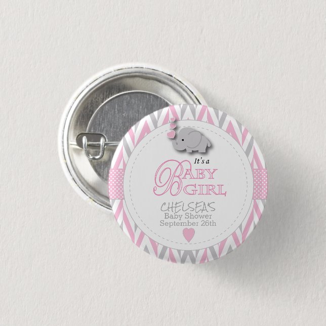 Pink, White Gray Elephant Babydusche Button (Vorne & Hinten)