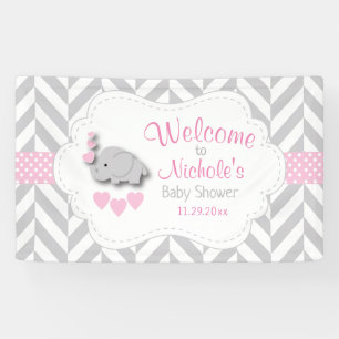 Pink, White Gray Elephant Babydusche Willkommen Banner