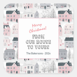 Pink White Grey Vintage Houses Christmas Stickers