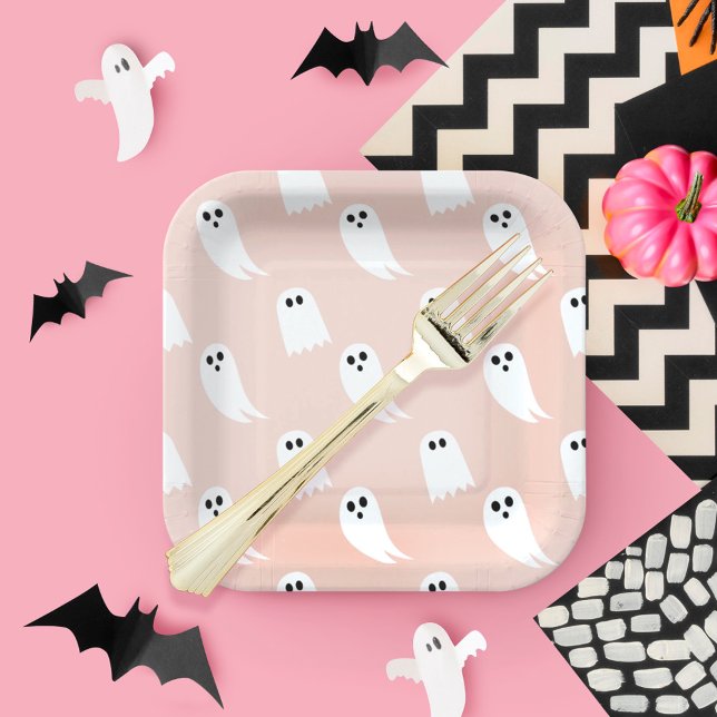 Pink & White Halloween Ghost & Patternpapier Pappteller (Pink & White Halloween Ghost & Pattern Paper Paper Plates)