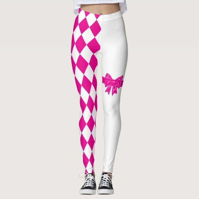 Pink White Harlequin Diamond Mardi Gras Leggings (Vorderseite)