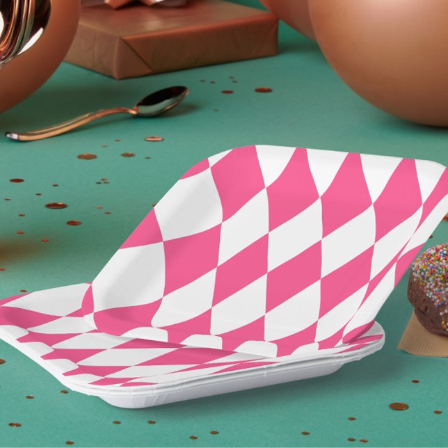 Pink White Harlequin Diamonds Schachbretts Design Pappteller (Von Creator hochgeladen)
