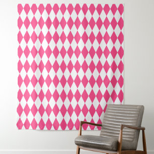 Pink White Harlequin Diamonds Schachbretts Design Wandteppich
