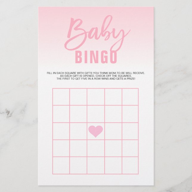 Pink White Heart Girl Baby Dusche BINGO Karten (Vorne)