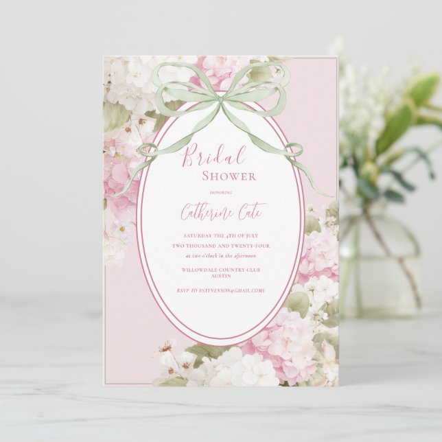 Pink White Hydrangeas Sage Green Bridal Shower Einladung (Stehend Vorderseite)