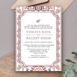 Pink White Ikat Anand Karaj Sikh Wedding Einladung