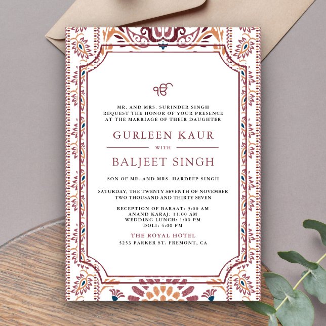 Pink White Ikat Anand Karaj Sikh Wedding Einladung (Von Creator hochgeladen)