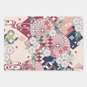 Pink White Japanisch Kimono Blumendekoupage Geschenkpapier Set
