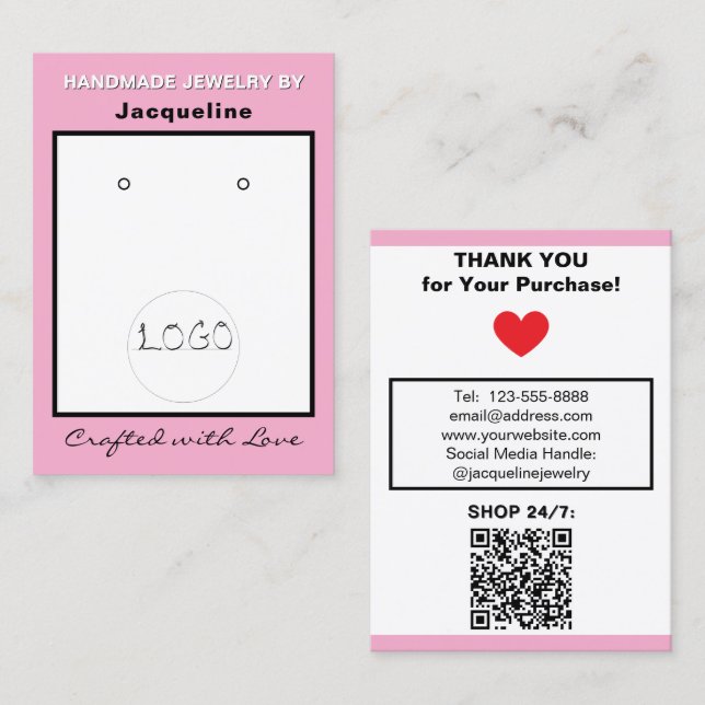 Pink White Jewelry Earrings Logo QR Code Visitenkarte (Vorne/Hinten)