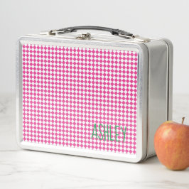 Pink White Karo Green individuelle Name school Metall Brotdose