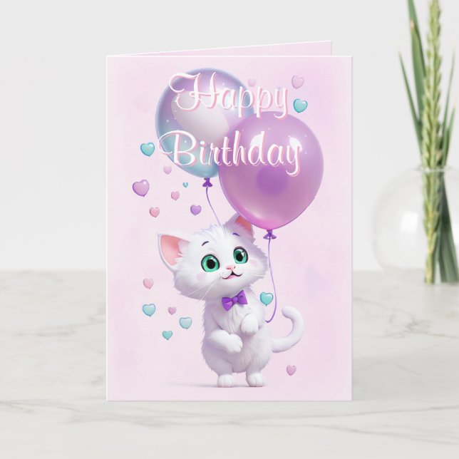 Pink White Kitten with Balloons Birthday Karte (Vorderseite)