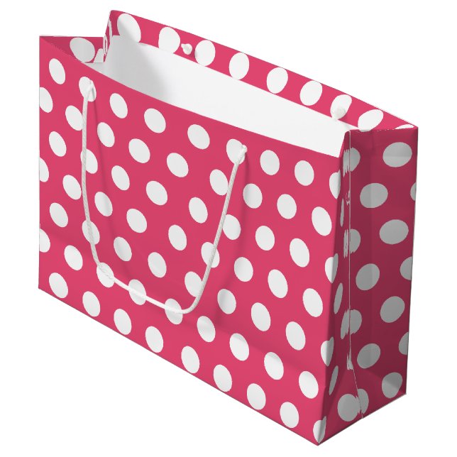 Pink & White Large Medium Polka Dot Party Große Geschenktüte (Vorderseite Schrägansicht)