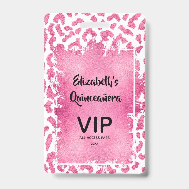 Pink White Leopard Quinceañera Einladen VIP Pass Ausweis (Vorderseite)
