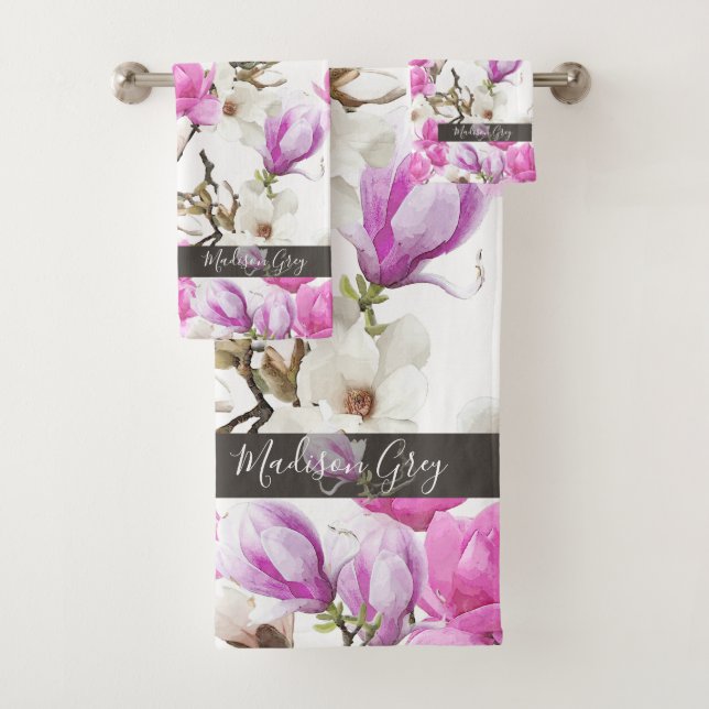 Pink & White Magnolia Blossom Wasserfarbenes Muste Badhandtuch Set (Insitu)