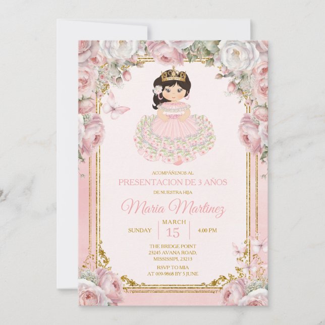 Pink White Mexican Niña Presentación De Tres Años Einladung (Vorderseite)
