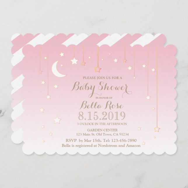 Pink White Moon Star Girl Babydusche laden ein Einladung (Vorne/Hinten)