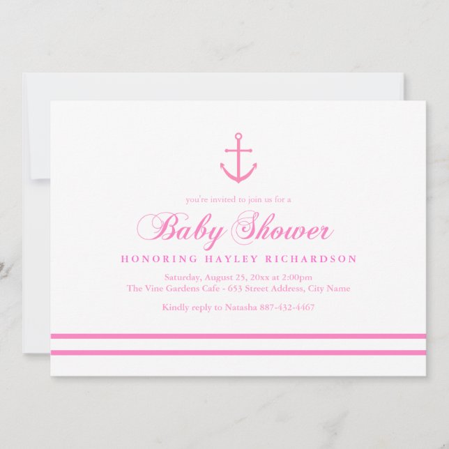 Pink & White Nautical Baby Dusche laden ein Einladung (Vorderseite)