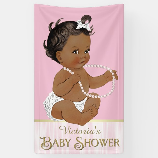 Pink White Pearl African American Girl Baby Dusche Banner (Vertikal)