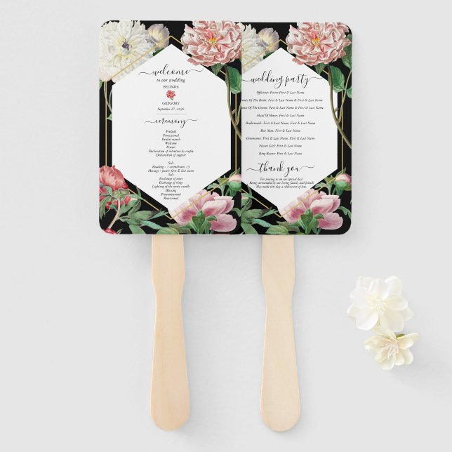 Pink White Peonies Blume Hochzeit Black Programm Fächer (Vorne und Hinten)