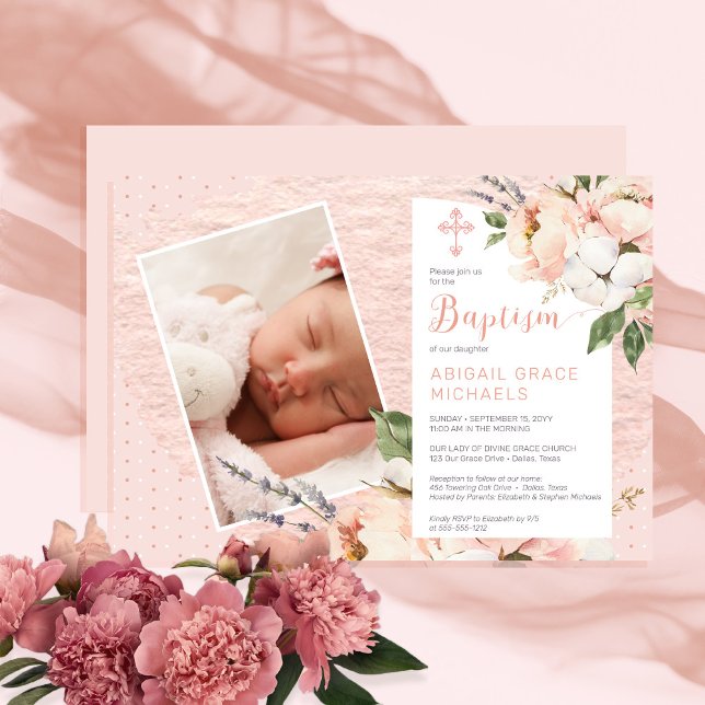 Pink | White Peony Blooms Girl Baby Foto Taufe Einladung (Von Creator hochgeladen)
