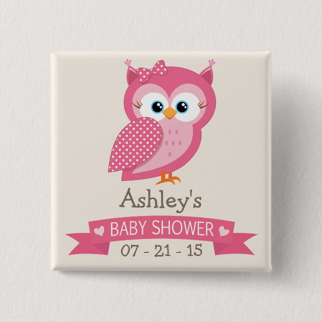 Pink & White Polka Dot Owl Babydusche Button (Vorderseite)