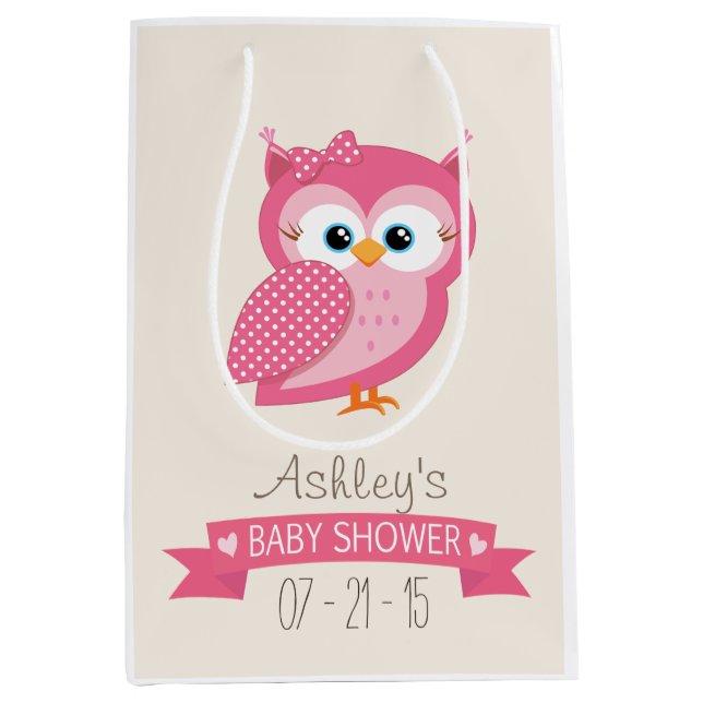 Pink & White Polka Dot Owl Babydusche Mittlere Geschenktüte (Vorderseite)