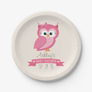 Pink & White Polka Dot Owl Babydusche Pappteller