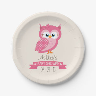 Pink & White Polka Dot Owl Babydusche Pappteller