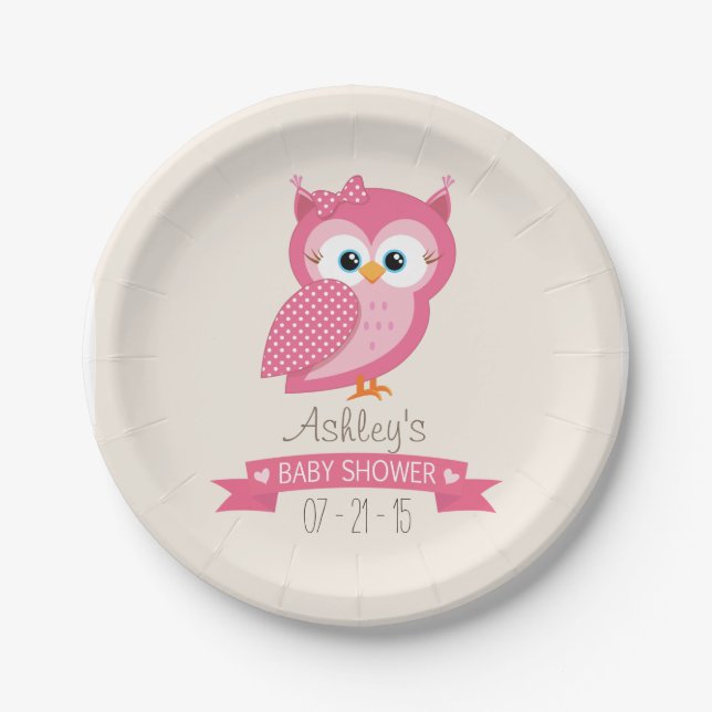 Pink & White Polka Dot Owl Babydusche Pappteller (Vorderseite)