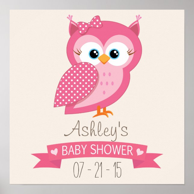 Pink & White Polka Dot Owl Babydusche Poster (Vorne)