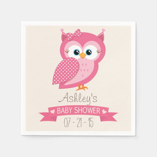 Pink & White Polka Dot Owl Babydusche Serviette (Vorderseite)