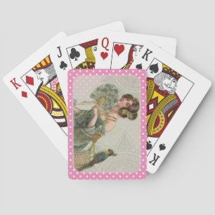Pink & White Polka Dot Vintage Dame und Papagei Spielkarten