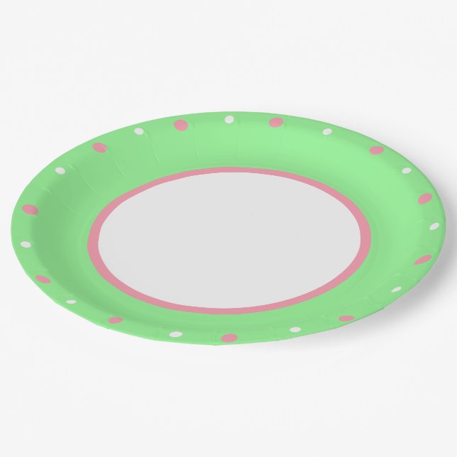 Pink White Polka Dots Mint Green Pappteller (Schrägansicht)