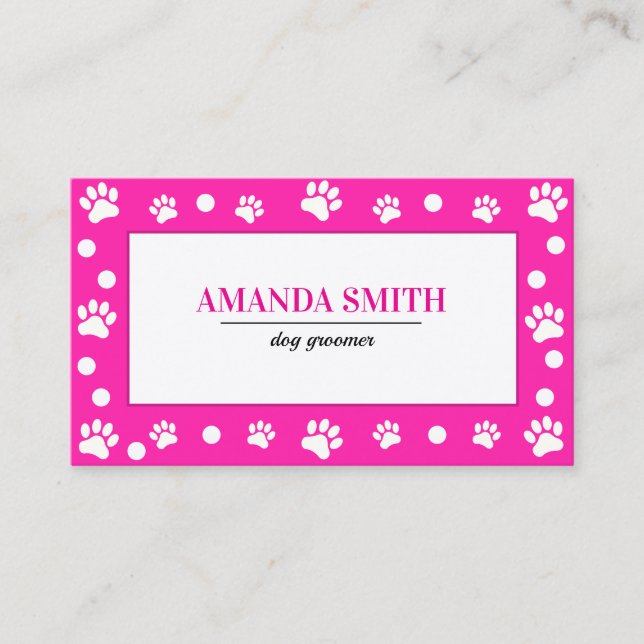 Pink & White Polka Dots Paw Prints Business Card Visitenkarte (Vorderseite)