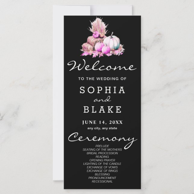 Pink & White Pumpkins Fall Black Wedding Programm (Vorderseite)