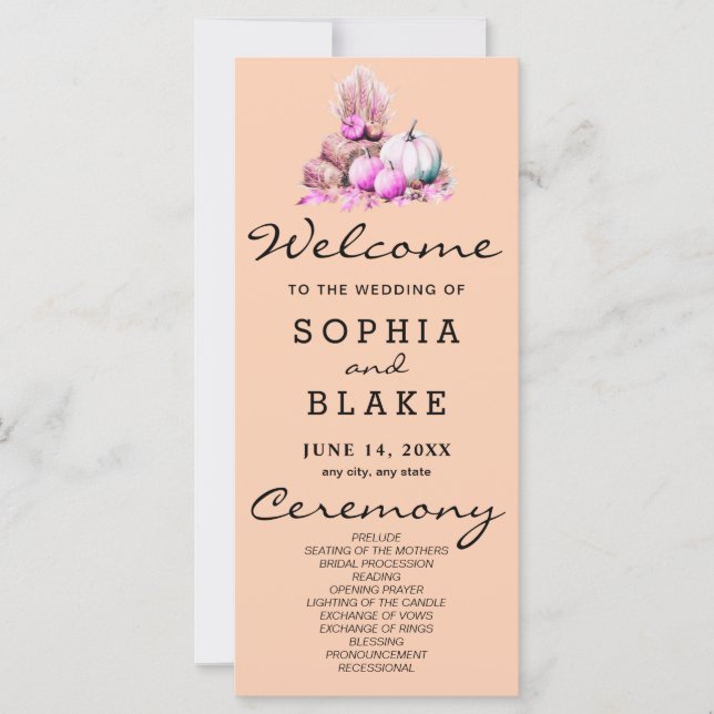 Pink & White Pumpkins Herbst Orange Wedding Progra (Vorderseite)