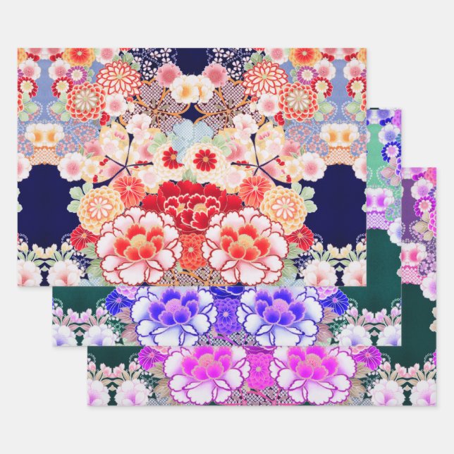 PINK WHITE RED BLUME Peony, Rose Japanisches Blume Geschenkpapier Set (Set)