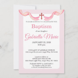 Pink & White Ribbon Cross Watercolor Baptism Einladung