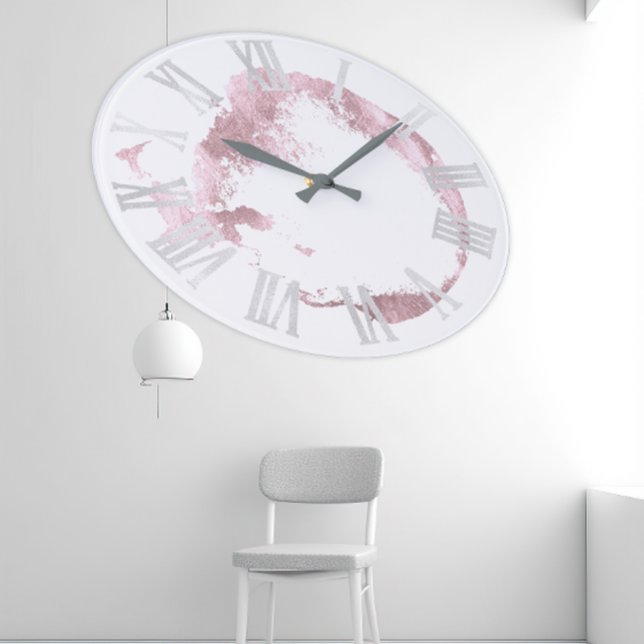Pink White Rose Blush Gray Roman Numbers Große Wanduhr (Pink White Rose Blush Gray Roman Numbers Large Clock)