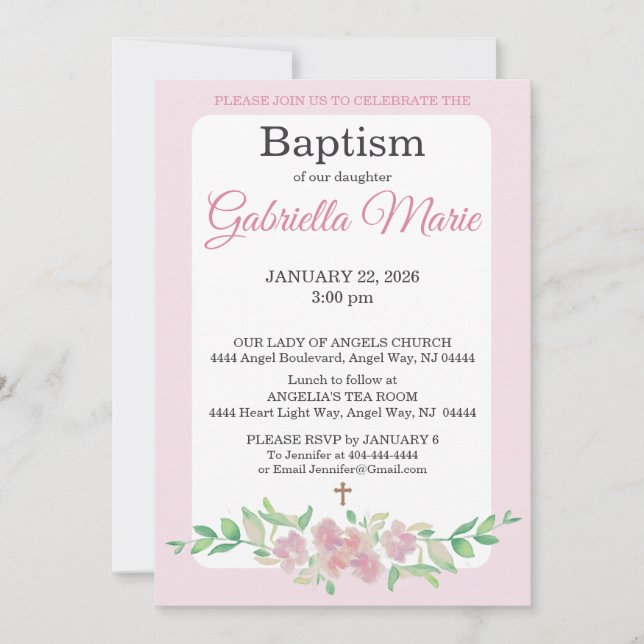 Pink White Rose Floral Watercolor Cross Baptism Einladung (Vorderseite)