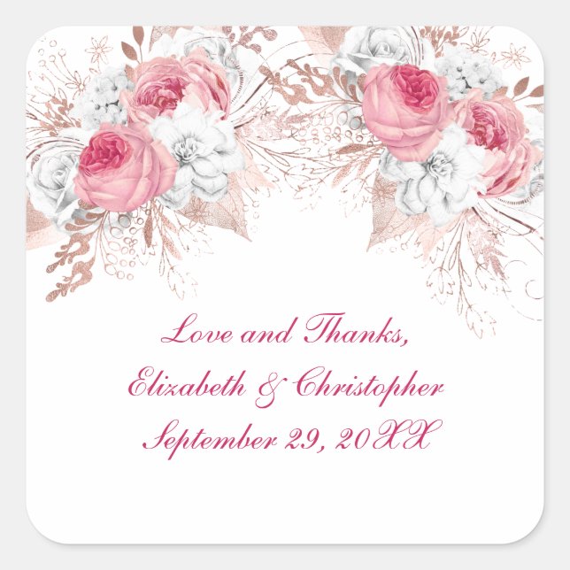 Pink White Rose Gold Floral Trendy Wedding Quadratischer Aufkleber (Vorderseite)