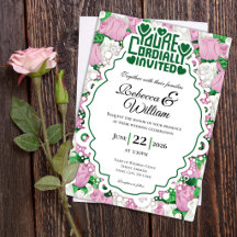 Pink & White Rose Hochzeits-Einladung - Grüne Buch