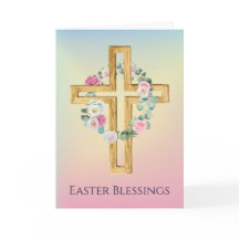 Pink White Rose Kranz Holzkreuz Osterkarte