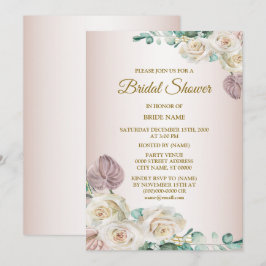 Pink White Rose Watercolor Greenery Bridal Shower Einladung